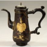 A BLACK JAPANNED TINPLATE COFFEE POT, PROBABLY PONTYPOOL, MID 18TH C with gilt crest, helm, shield