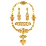 AN EMERALD, PEARL AND GOLD DEMI PARURE, C1840 pierced and crisply chased with scrolling foliage,