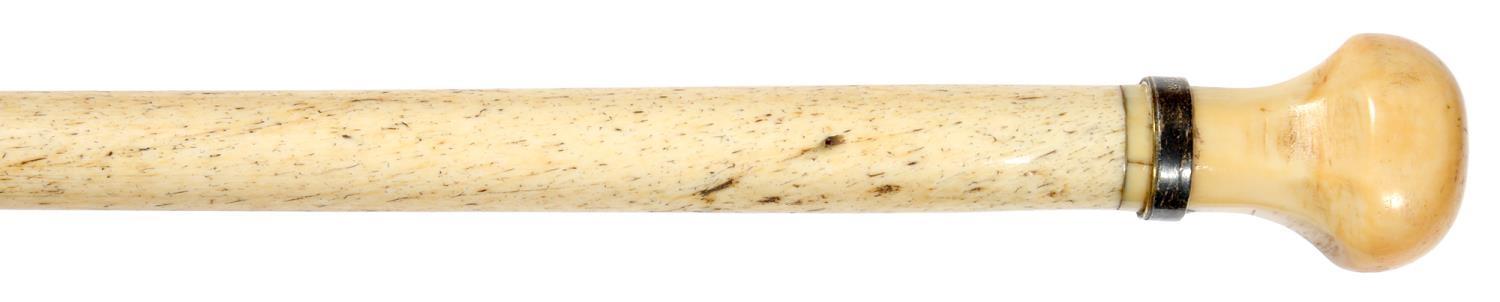 SCRIMSHAW.  A VICTORIAN WHALEBONE AND WHALE IVORY  CANE with bulbous pommel, 87.5cm Cane with - Image 2 of 3