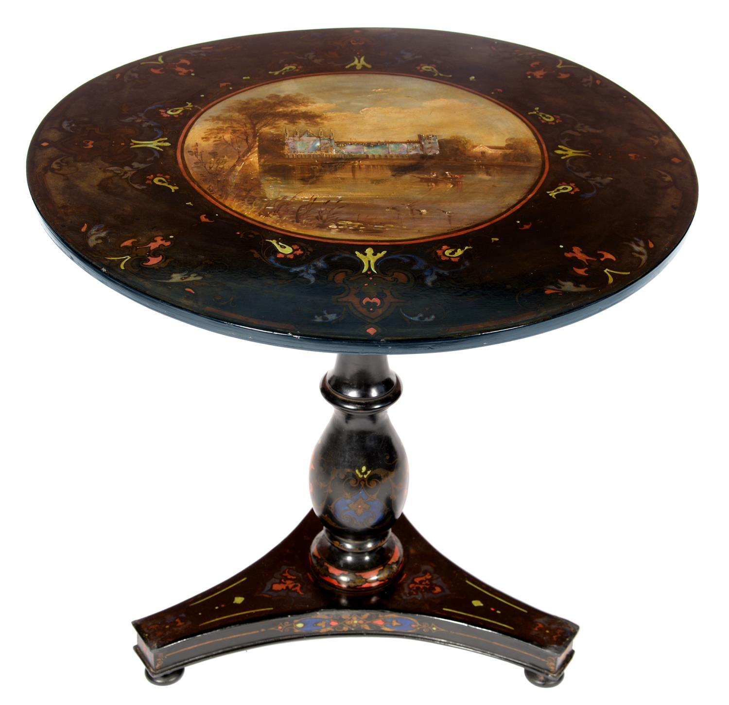 LORD BYRON INTEREST.  A VICTORIAN PAPIER MACHÉ PEDESTAL TABLE, C1840 the top inlaid with mother of - Bild 2 aus 2