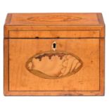 A GEORGE III SATINWOOD AND LINE INLAID TEA CADDY, C1800  with shell  paterae, 17.5cm l Minor
