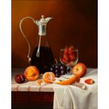 PHILIP GERRARD (1958 - ) STILL LIFE WITH FRUIT AND WINE signed, oil on canvas, 49.5 x 39.5cm Ready