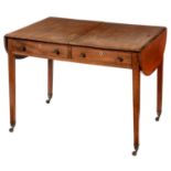 A GEORGE III MAHOGANY SOFA TABLE, C1800  with D shaped leaves, fitted with drawers, the brass drum