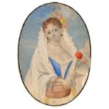 CONTINENTAL SCHOOL, EARLY 19TH CENTURY A YOUNG WOMAN  three quarter length, holding carnations and