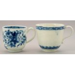 TWO WORCESTER BLUE AND WHITE COFFEE CUPS, C1770-80 one moulded in low relief between diaper borders,
