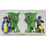 A PAIR OF PEARL GLAZED EARTHENWARE FIGURAL SPILL VASES, C1810-20  in the form of a farmer and his