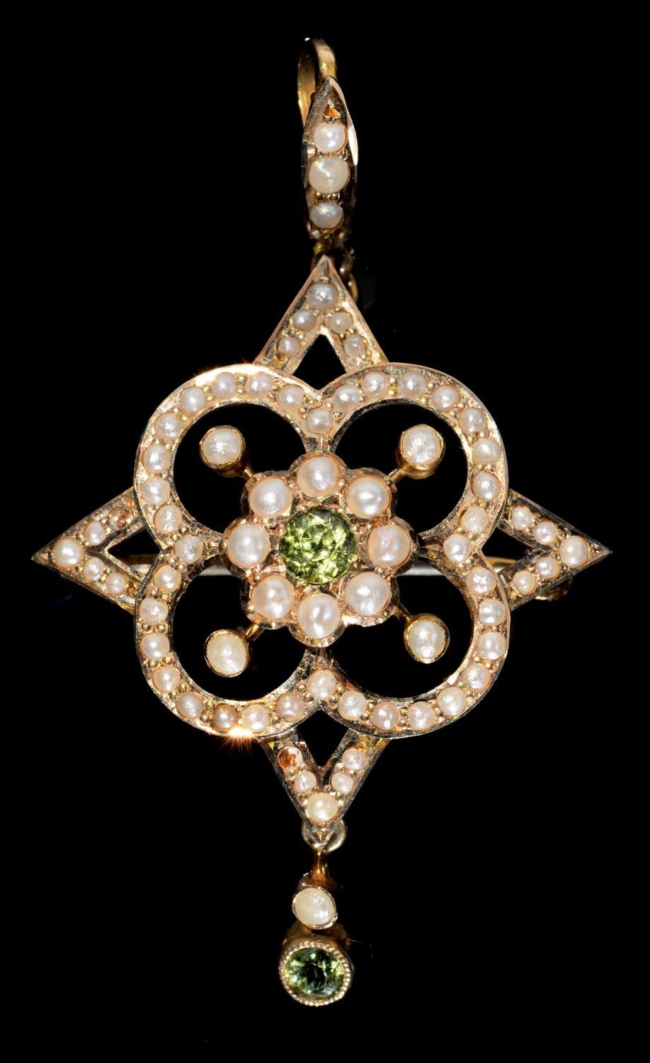 A PERIDOT AND SPLIT PEARL BROOCH- PENDANT, C1910  49mm, marked 9c, 3.3g As new, complete, all stones