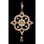 A PERIDOT AND SPLIT PEARL BROOCH- PENDANT, C1910  49mm, marked 9c, 3.3g As new, complete, all stones