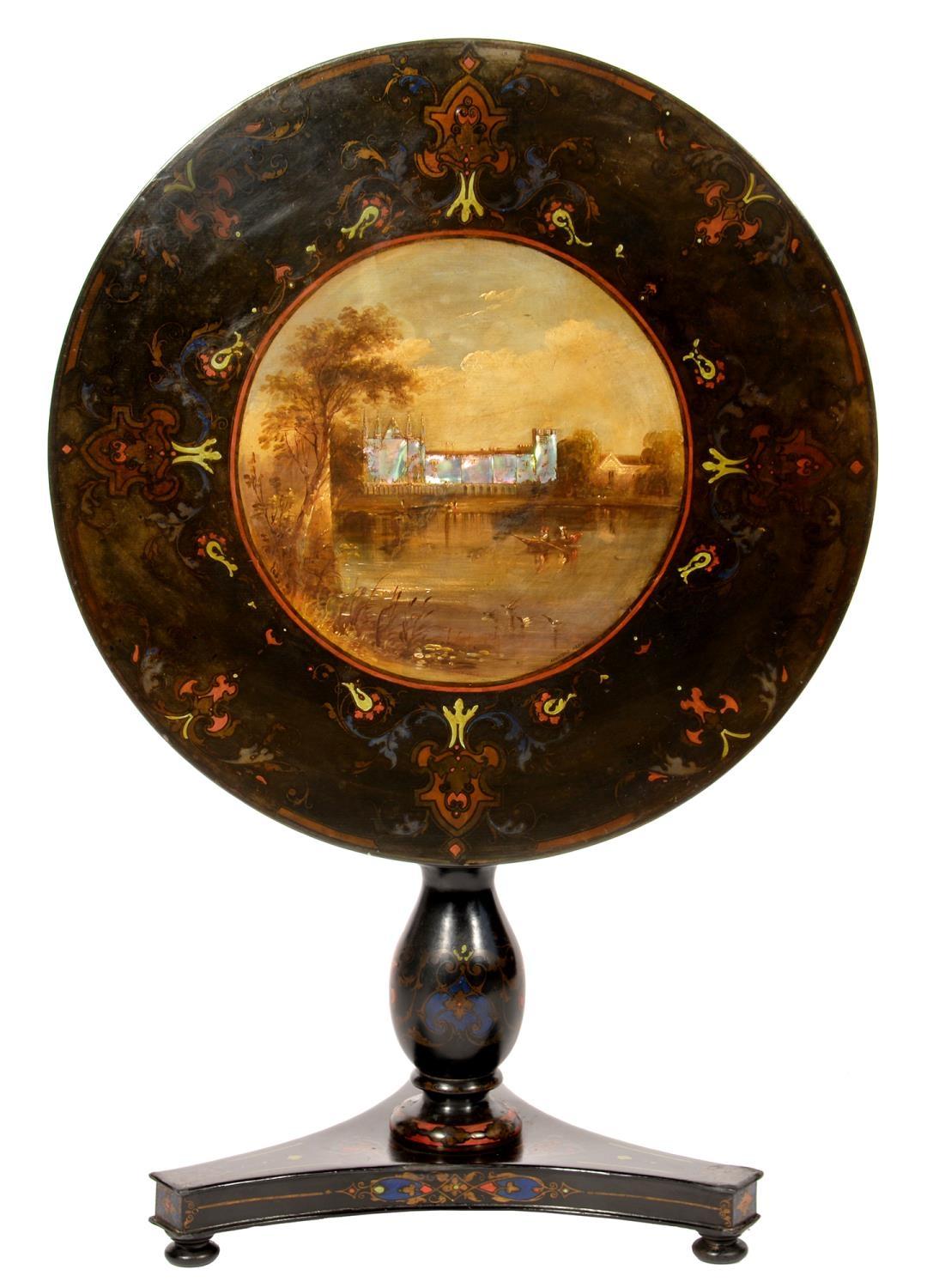LORD BYRON INTEREST.  A VICTORIAN PAPIER MACHÉ PEDESTAL TABLE, C1840 the top inlaid with mother of