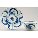 A WORCESTER BLUE AND WHITE RIBBED TEA BOWL AND SAUCER, C1770-90 painted with the Immortelle pattern,