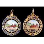 VINTAGE MOTORING.  TWO GOLD AND ENAMEL PRIZE WATCH FOB MEDALS painted with a veteran motorcar