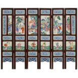 A CHINESE FAMILLE ROSE AND BLUE AND WHITE PORCELAIN TILED FOLDING SCREEN, 19TH/EARLY 20TH C  painted