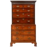 A GEORGE III MAHOGANY CHEST ON CHEST, LATE 18TH C  with dentil cornice and blind fret carved