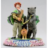 A STAFFORDSHIRE PEARL GLAZED EARTHENWARE BEAR GROUP, C1830  in the form of a man in oriental costume