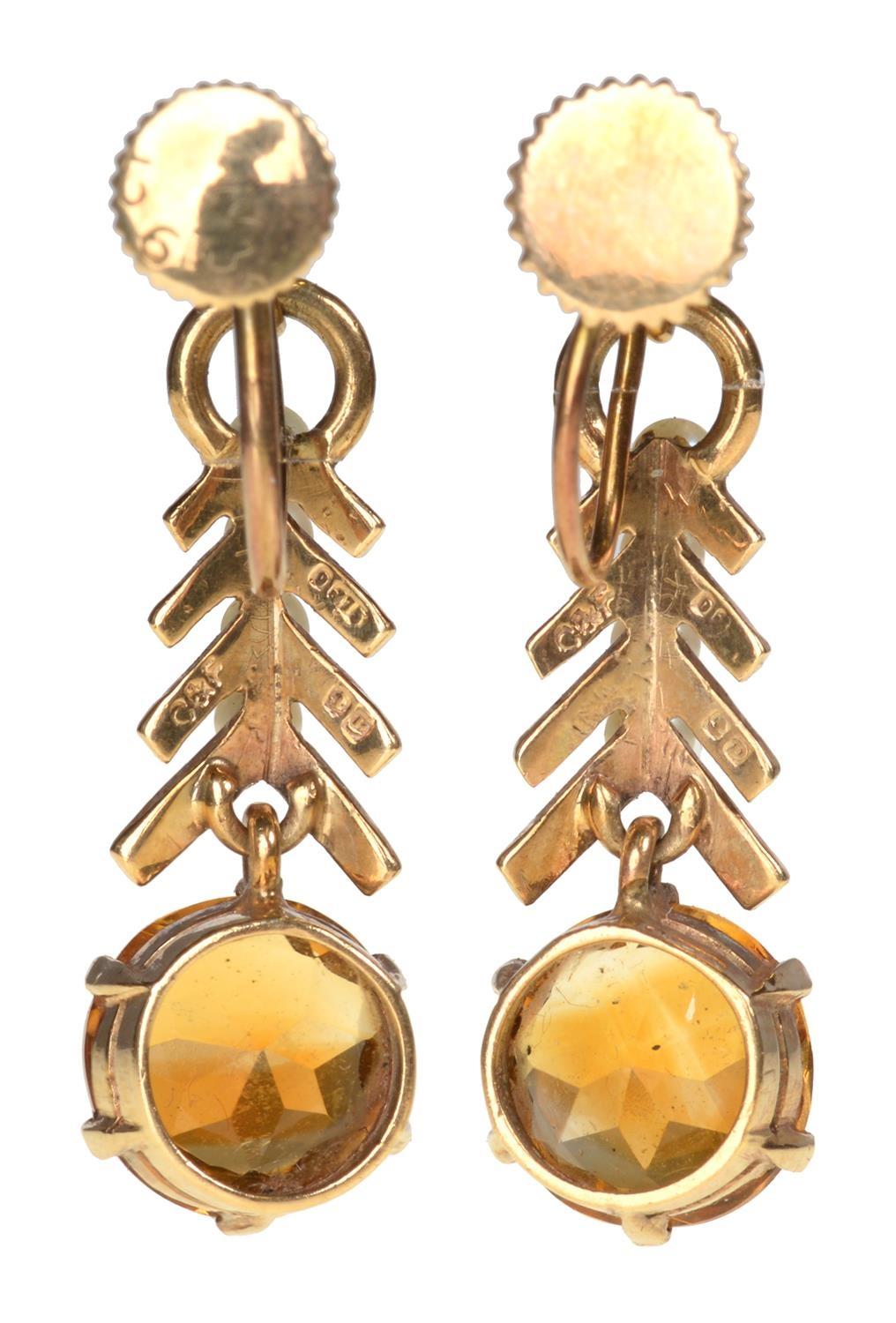 A PAIR OF CITRINE AND CULTURED PEARL PENDANT EARRINGS  in gold, 26mm, marked 9c, Garrard & Co Ltd - Image 2 of 2