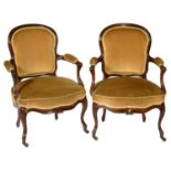 A PAIR OF FRENCH ROSEWOOD FAUTEUILS IN LOUIS XV STYLE, 19TH C  sest height 41cm Upholstery