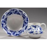 DR CHRISTOPHER DRESSER.   A MINTONS BLUE PRINTED EARTHENWARE CRANES PATTERN CHAMBER JUG AND BOWL,