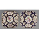 A PAIR OF BARR, FLIGHT & BARR SHAPED SQUARE SCALE BLUE GROUND DESSERT DISHES, 1807-13 painted with