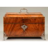 A GEORGE III SILVER MOUNTED AND FINELY FIGURED MAHOGANY AND TULIPWOOD BANDED TEA CHEST, C1770  the