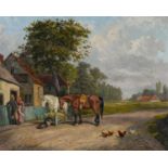 SAMUEL JOSEPH CLARK (1841-1928)  OUTSIDE THE INN  signed (in red), oil on canvas, 40.5 x 50.5cm Good