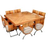 A  MODERNIST MAHOGANY AND ALUMINIUM  TABLE AND SIMILAR  EIGHT CHAIRS, ITALIAN C1970  the square