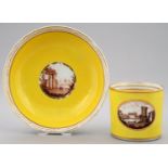AN OUTSIDE DECORATED  YELLOW GROUND COFFEE CAN AND A SAUCER ATTRIBUTED TO WILLIAM BILLINGSLEY'S