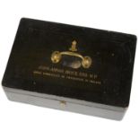 AN EDWARDIAN PARLIAMENTARIAN'S BLACK LEATHER COVERED WOOD DESPATCH BOX, 1906-08 BY A ARMSTRONG &
