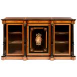 A VICTORIAN GILT BRASS MOUNTED, EBONISED MAHOGANY,  SATINWOOD AND PALISANDER SIDE CABINET, C1870