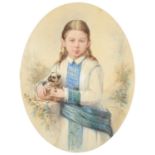 A DURONE, 1873  PORTRAIT OF A GIRL AND HER PUG DOG           signed and dated, watercolour, oval,