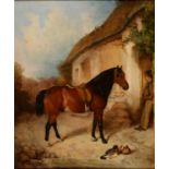 ENGLISH SCHOOL, 1857  A SADDLED HORSE BEFORE A DEVON COTTAGE  signed Watson, dated and inscribed
