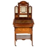 A VICTORIAN ROSEWOOD AND INLAID DAVENPORT, C1900  the superstructure set with bevelled mirrors,