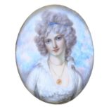FOLLOWER OF RICHARD COSWAY A LADY in a white gown, a blue ribbon in her hair, sky background, ivory,