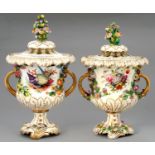 TWO  ROCKINGHAM CAMPANA SHAPED POT POURRI VASES AND COVERS, C1830-42 encrusted with flowers, one