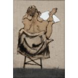 SHEILA WOOD, 20TH/21ST CENTURY SEATED NUDE FROM BEHIND  signed, ink, wash and white on linen, 22 x