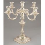 AN MAGNIFICENT CANADIAN SILVER TESTIMONIAL CANDELABRUM OF FIVE LIGHTS on four acanthus capped,