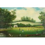 BRITISH NAIVE ARTIST   CRICKET MATCH NEAR CHATHAM; CRICKET ON A VILLAGE GREEN   two, oil on canvas