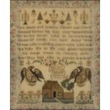 AN ENGLISH LINEN SAMPLER CAROLINE PEARSON AGED 11 YEARS 1833  worked with cottage, two eagles and