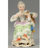 A MEISSEN FIGURE OF A SEATED GIRL WITH A CAT, 19TH C  12.5cm h,   incised B94, crossed swords with