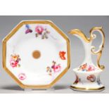 A MINIATURE ENGLISH PORCELAIN OCTAGONAL EWER AND STAND, POSSIBLY SAMUEL ALCOCK, C1840 painted with