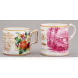 A COALPORT MUG, C1830  with bright carmine pink transfer prints of the IRONBRIDGE SHROPSHIRE and