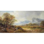 BRITISH SCHOOL, 19TH CENTURY  FAGGOT GATHERERS BEFORE A MOUNTAINOUS LANDSCAPE    oil on canvas, 19 x
