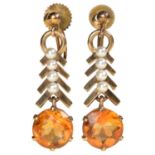 A PAIR OF CITRINE AND CULTURED PEARL PENDANT EARRINGS  in gold, 26mm, marked 9c, Garrard & Co Ltd