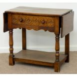 AN OAK DROP LEAF SIDE TABLE, 20TH C, IN 17TH C STYLE, THE DRAWER CARVED WITH GUILLOCHE, ON