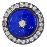 A VICTORIAN DIAMOND, GOLD, SILVER AND BLUE GUILLOCHE ENAMEL AND PASTE BROOCH, THE CENTRAL DIAMOND ON