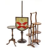 A VICTORIAN INLAID MAHOGANY FOLDING CAKE STAND, 92CM H, A VICTORIAN MAHOGANY POLE SCREEN, THE