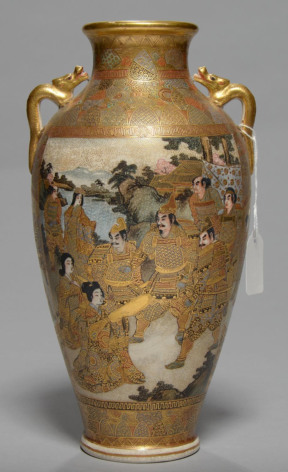 A JAPANESE SATSUMA VASE, MEIJI PERIOD, TAPERED OVIFORM WITH GILT DRAGON HANDLES, ENAMELLED WITH - Image 2 of 2