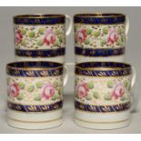 A SET OF FOUR NEW HALL COFFEE CANS, C1805, PAINTED INSIDE AND OUT WITH CABBAGE ROSES BETWEEN