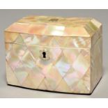 A VICTORIAN BOW FRONTED MOTHER OF PEARL TEA CADDY, C1850, THE DIVIDED INTERIOR WITH PAIR OF MOTHER