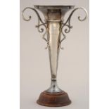 MARITIME INTEREST. A GEORGE V SILVER THREE HANDLED VASE OF TRUMPET SHAPE, ENGRAVED S/S RADNOR