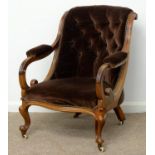 A VICTORIAN WALNUT ARMCHAIR, C1870, WITH CARVED FRAME, SCROLL ARMS WITH PADS AND MOULDED LEGS,